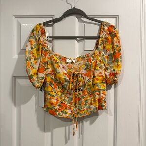 Astr Floral Puff Sleeve Blouse - Orange and Yellow